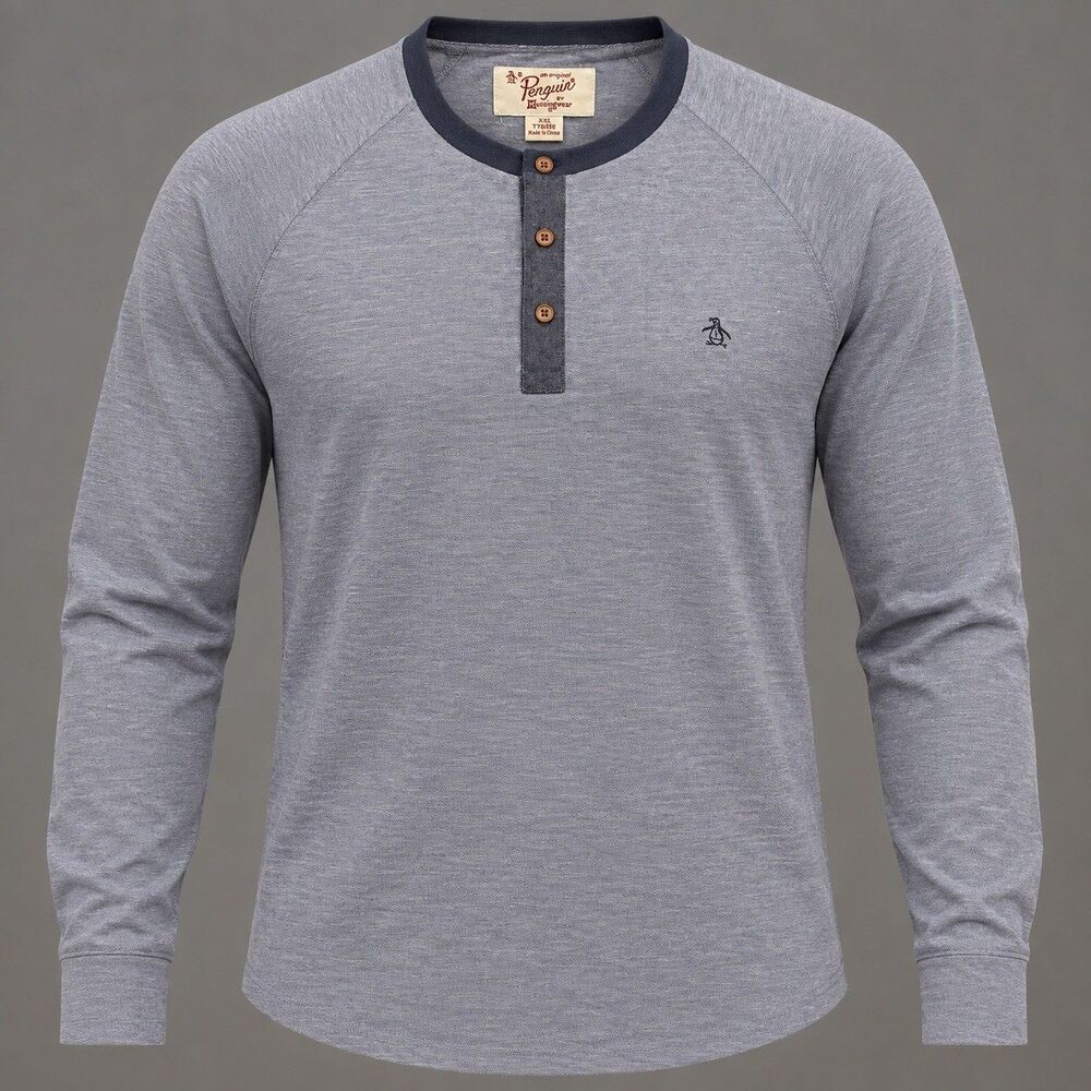 Original Penguin Men’s XXL Blue Long Sleeve Henley Shirt Raglan Munsingwear Logo